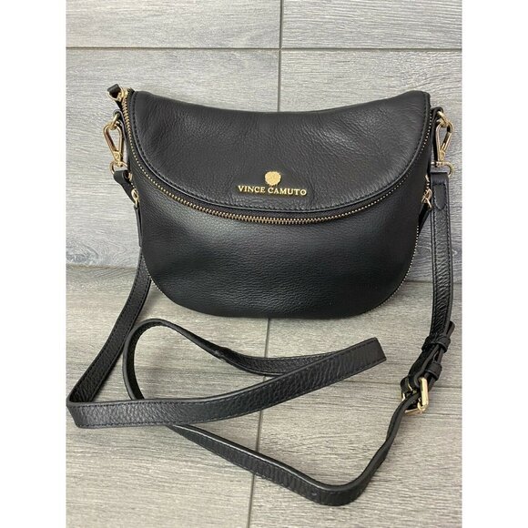 Vince Camuto Rizo Foldover Leather Crossbody-black bag medium size - Picture 2 of 7